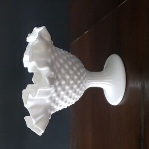 Fenton Authentic White Milk Glass Hobnail Pedestal Ruffled Edge Bowl